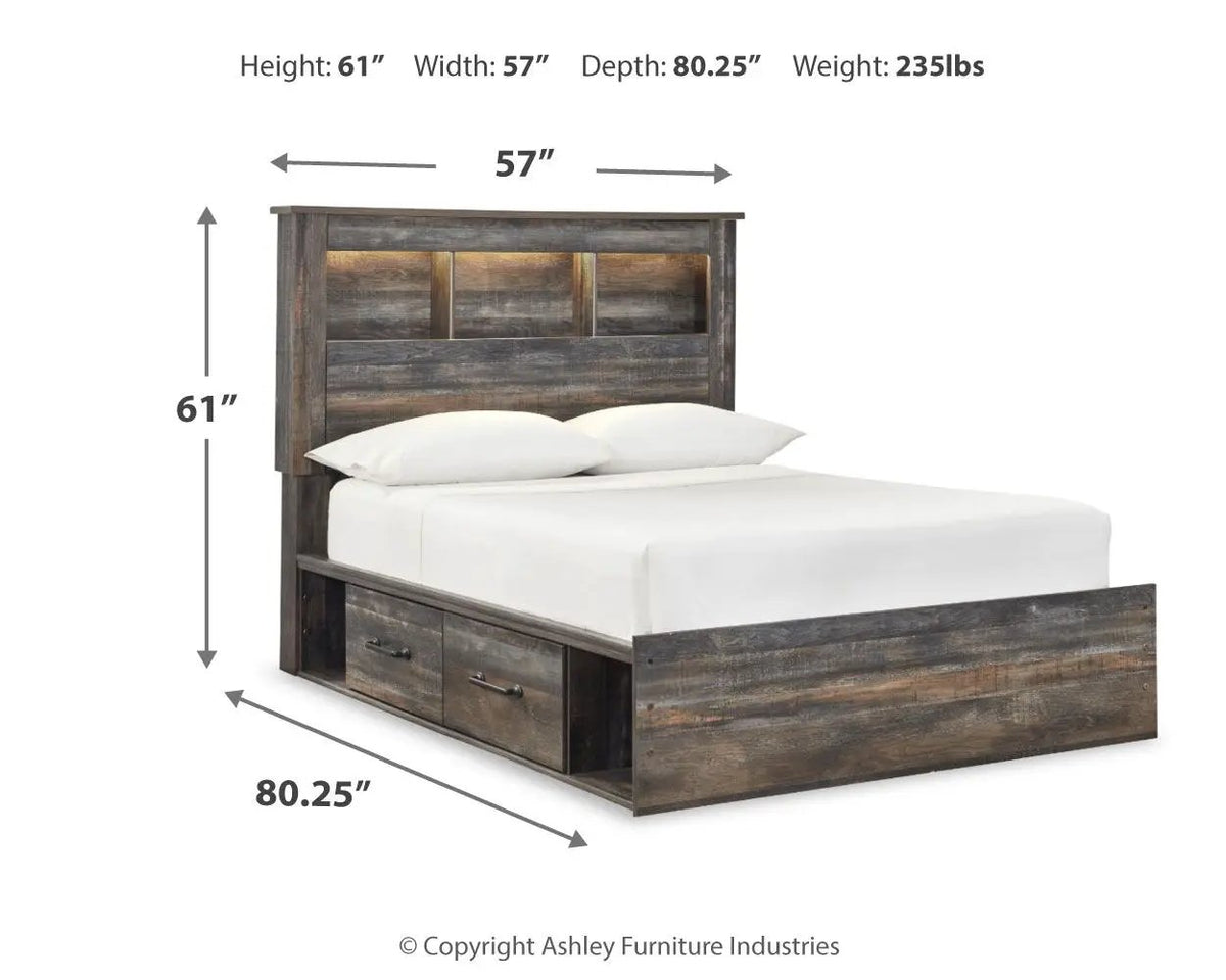 Drystan Panel Bookcase Bed | Storage Headboard | Rustic Industrial Style | 85 Inch Length