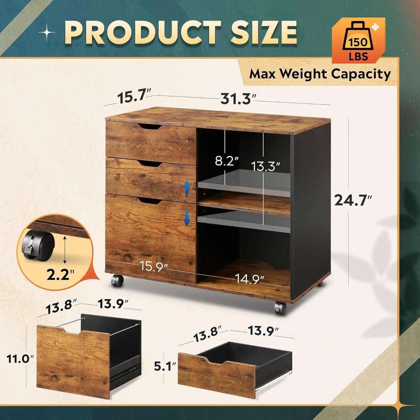 Mobile 3 Drawer Wood File Cabinet With Open Storage Shelves Rustic Brown from PriceLows™