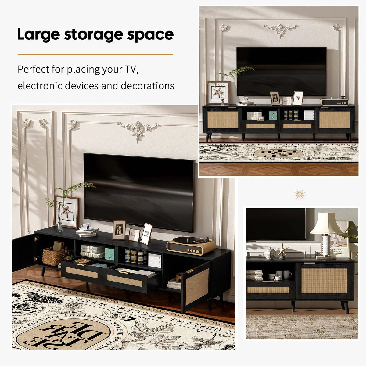 Rattan TV Stand | Media Console | Two Cabinets And Two Open Shelves | Cable Management