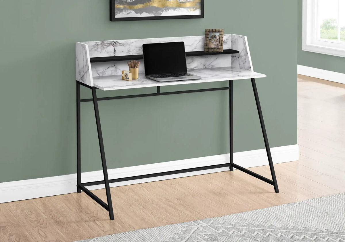 Marble Look Computer Desk | 47.25 Inch Width | Storage Shelves | Trapezoid Metal Base