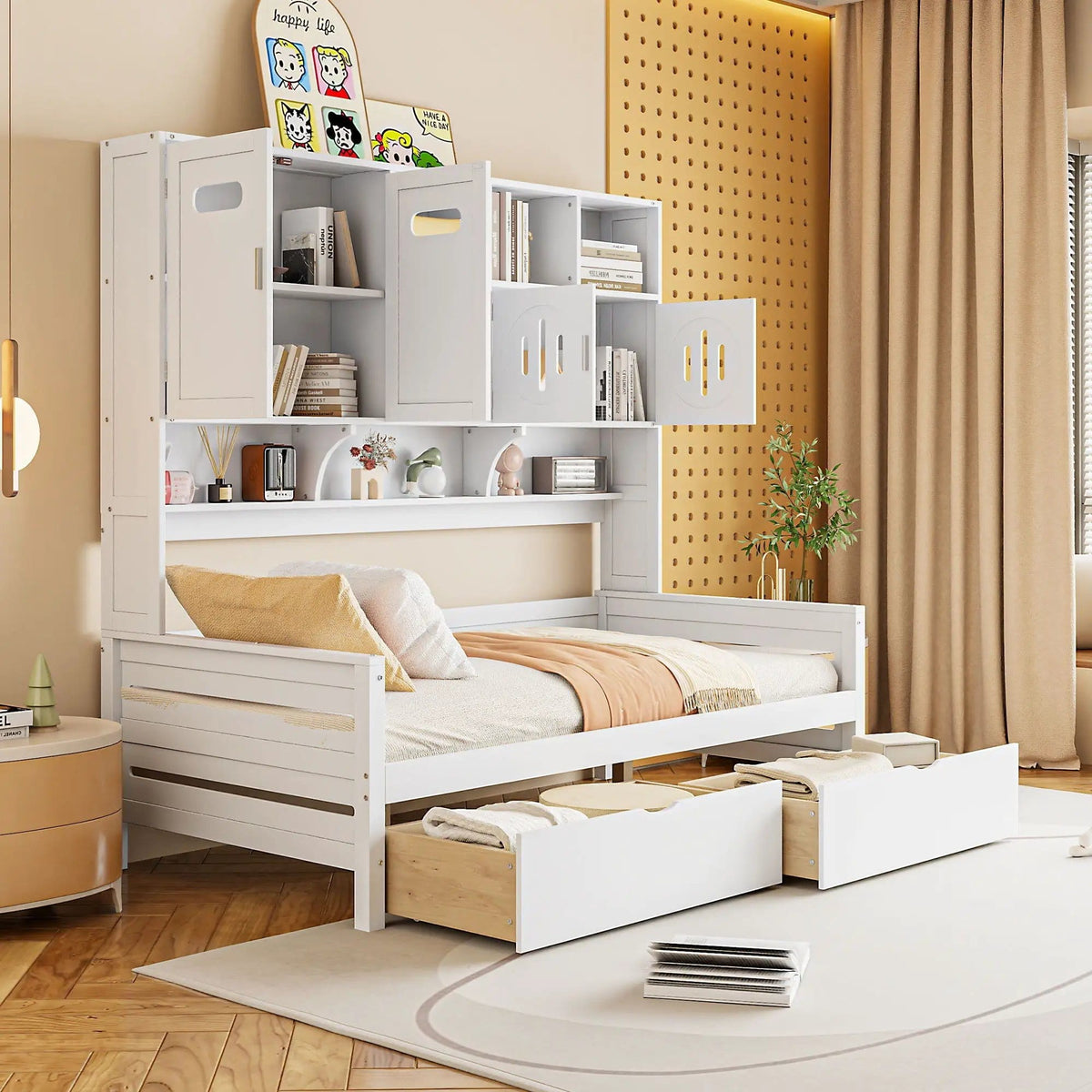Daybed With All-In-One Cabinet And Shelf | 2 Pieces | Wood | Bedroom