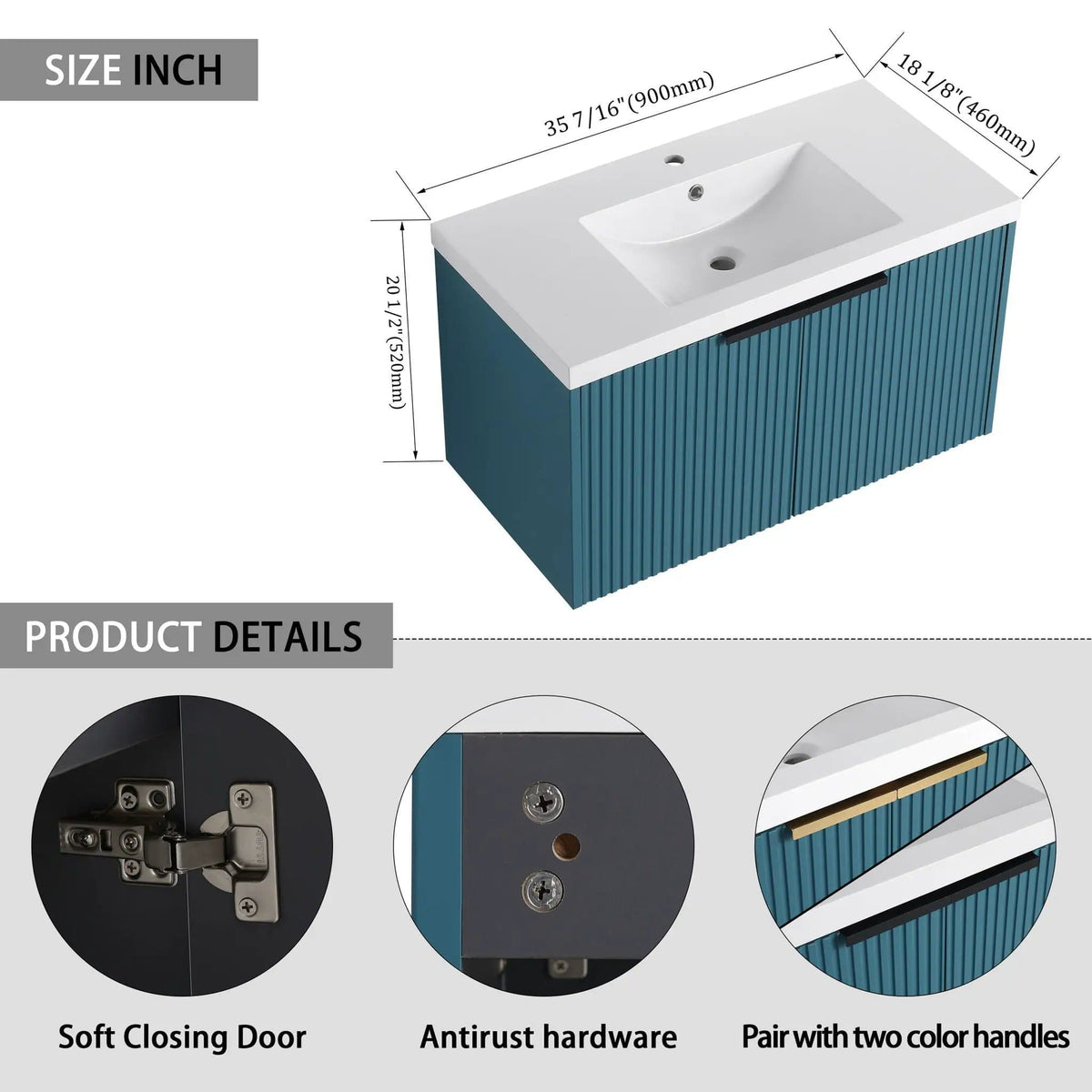 Contemporary Wall Mounted Bathroom Vanity With Resin Double Sink | 6 Pieces | Metal & Plywood | Bathroom