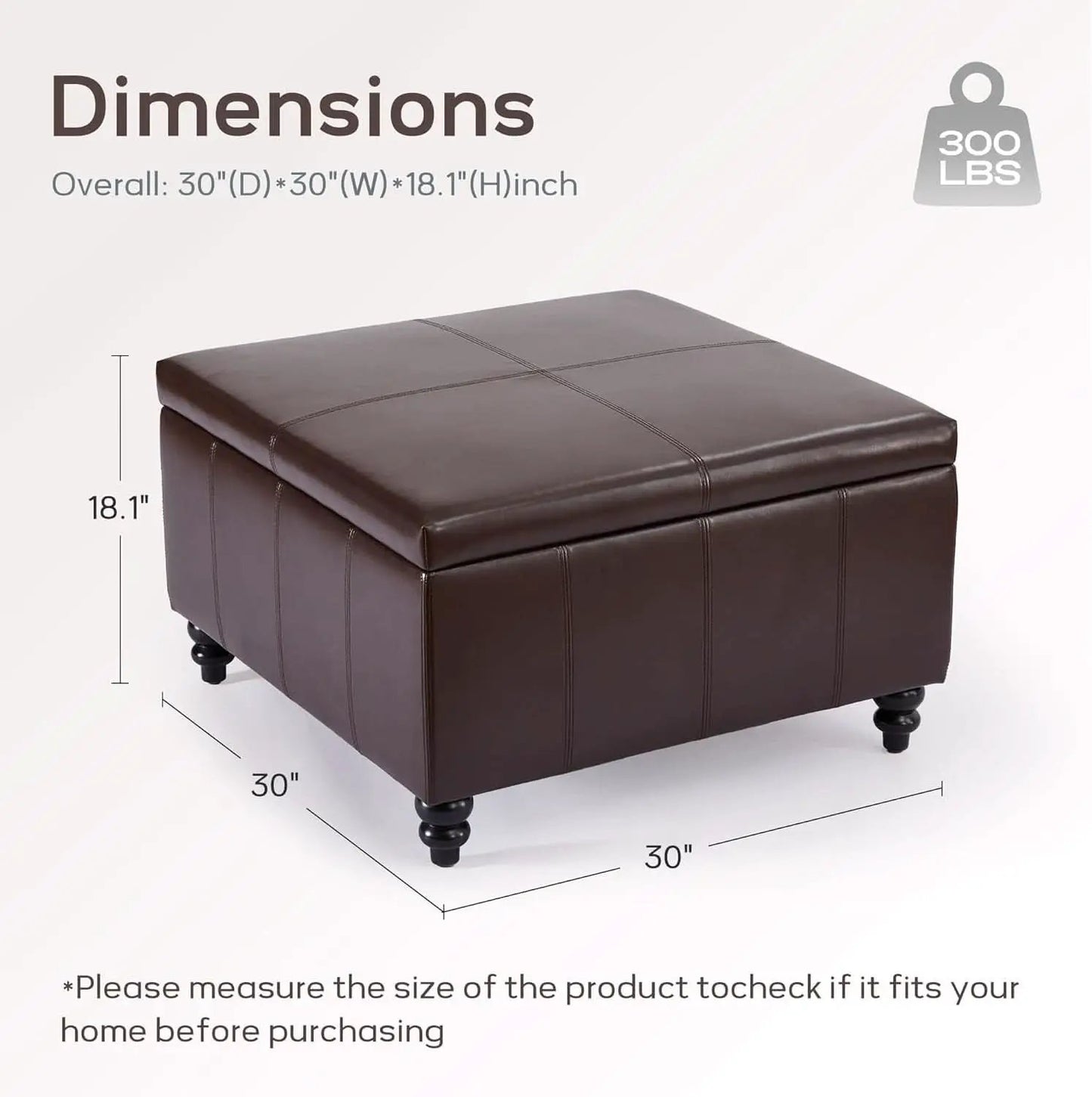 Square Leather Storage Ottoman 30-Inch Brown Durable from PriceLows™