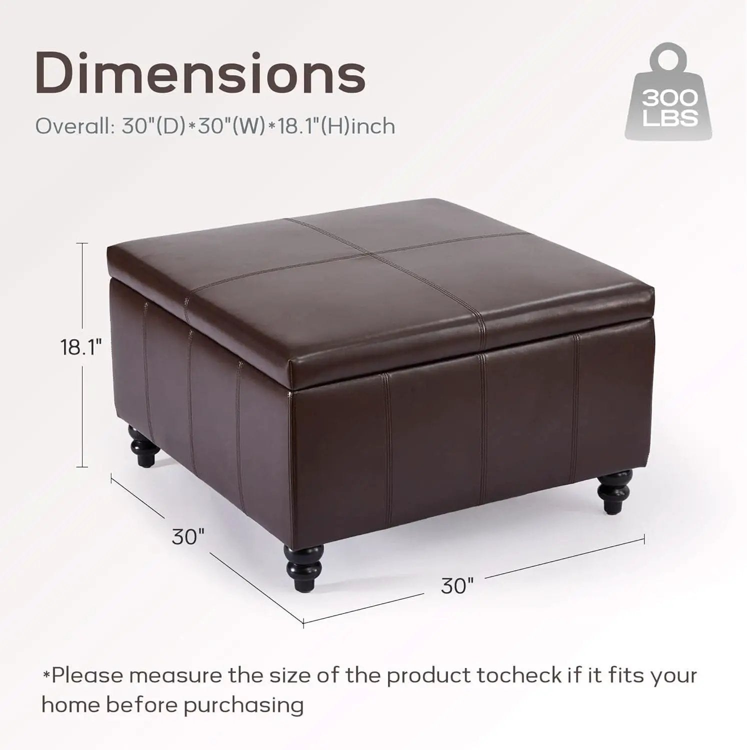 Square Leather Storage Ottoman 30-Inch Brown Durable from PriceLows™