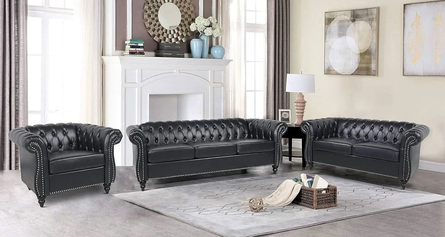 Black Faux Leather Chesterfield Sofa Set 3 Seater Loveseat from PriceLows™