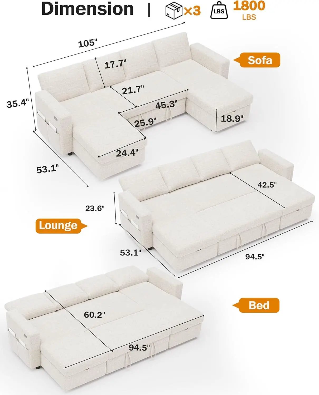 105Inch UShaped SectionalSofa With Pullout Bed Beige from PriceLows™