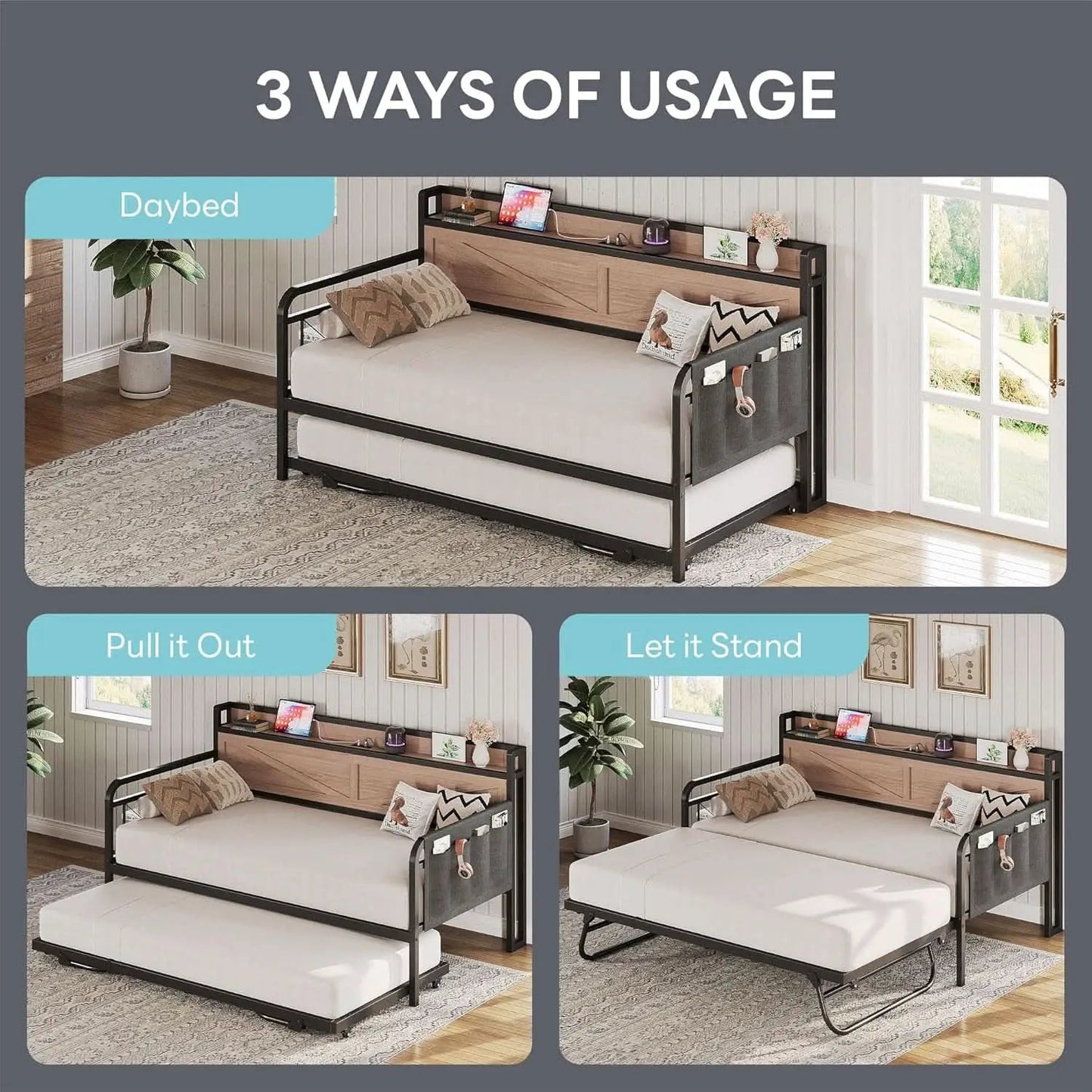 Twin Daybed With Trundle And Charging Station In Natural Wood from PriceLows™