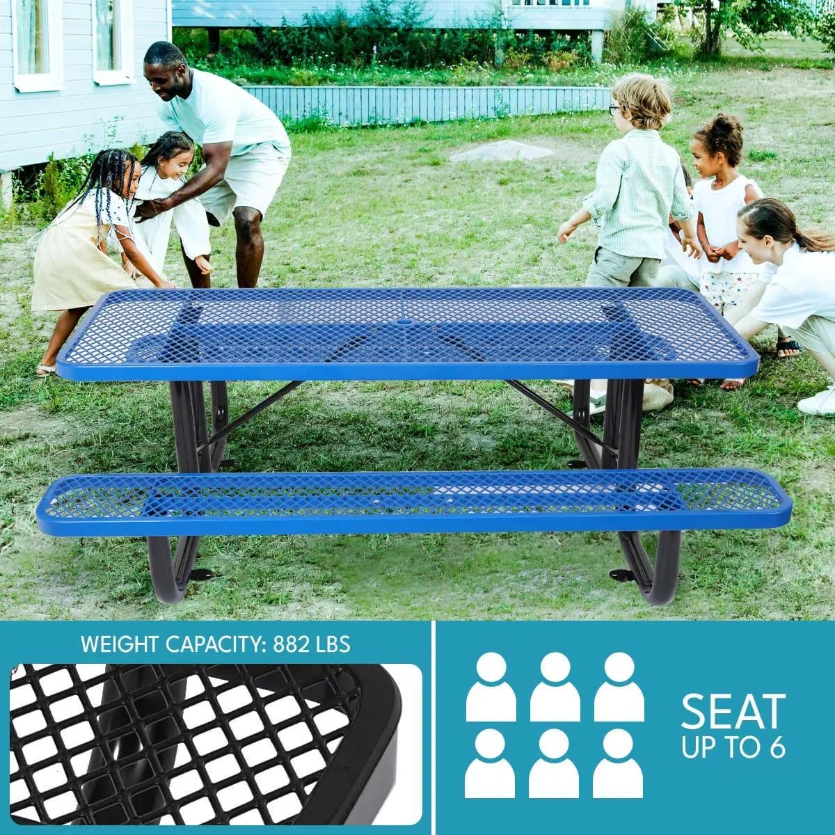 Outdoor Steel Picnic Rectangular Table With Umbrella Pole | 3 Pieces | Steel & Metal | Dining Room
