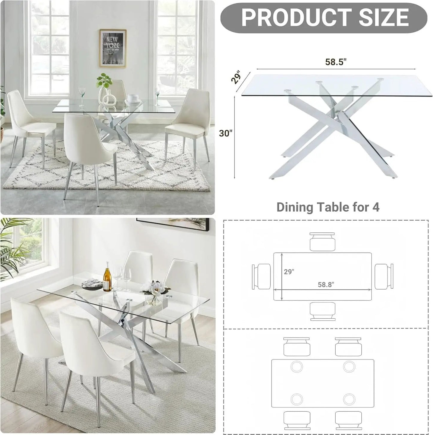 58.5 Inch Rectangular Glass Dining Table With Silver Finish from PriceLows™