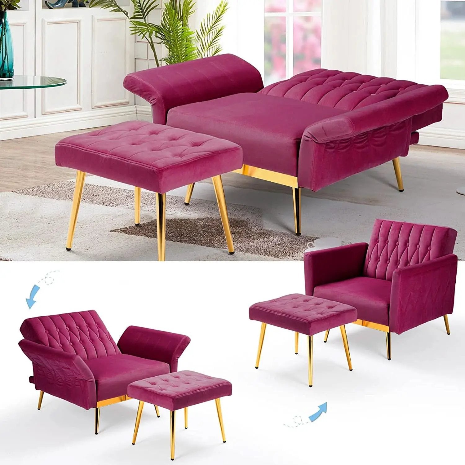 Fuchsia Velvet Adjustable Accent Chair With Three Backrest Angles from PriceLows™
