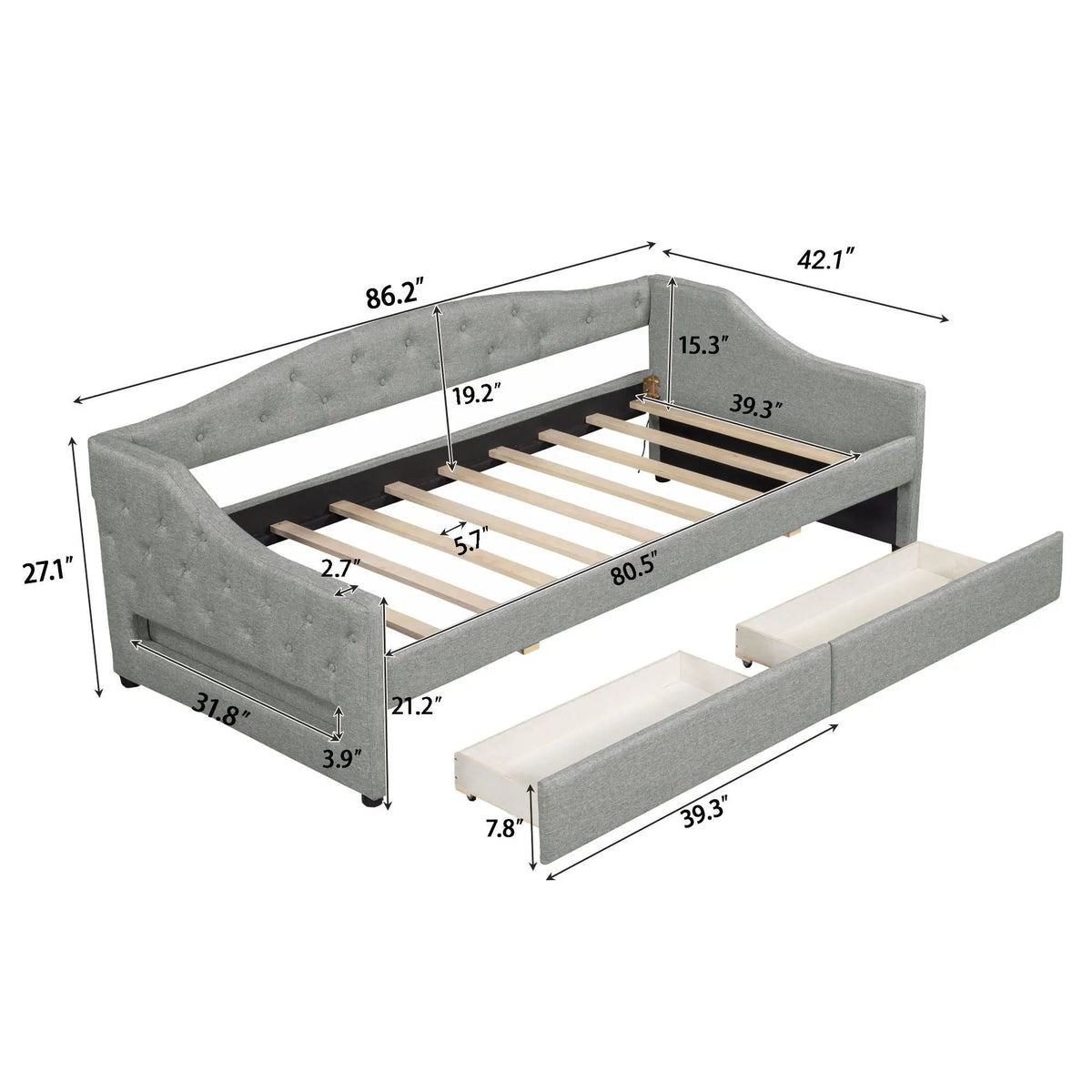 Daybed With LED Lights | Upholstered Trundle Daybed | Thickly Padded Sponge | 84 Inch Length
