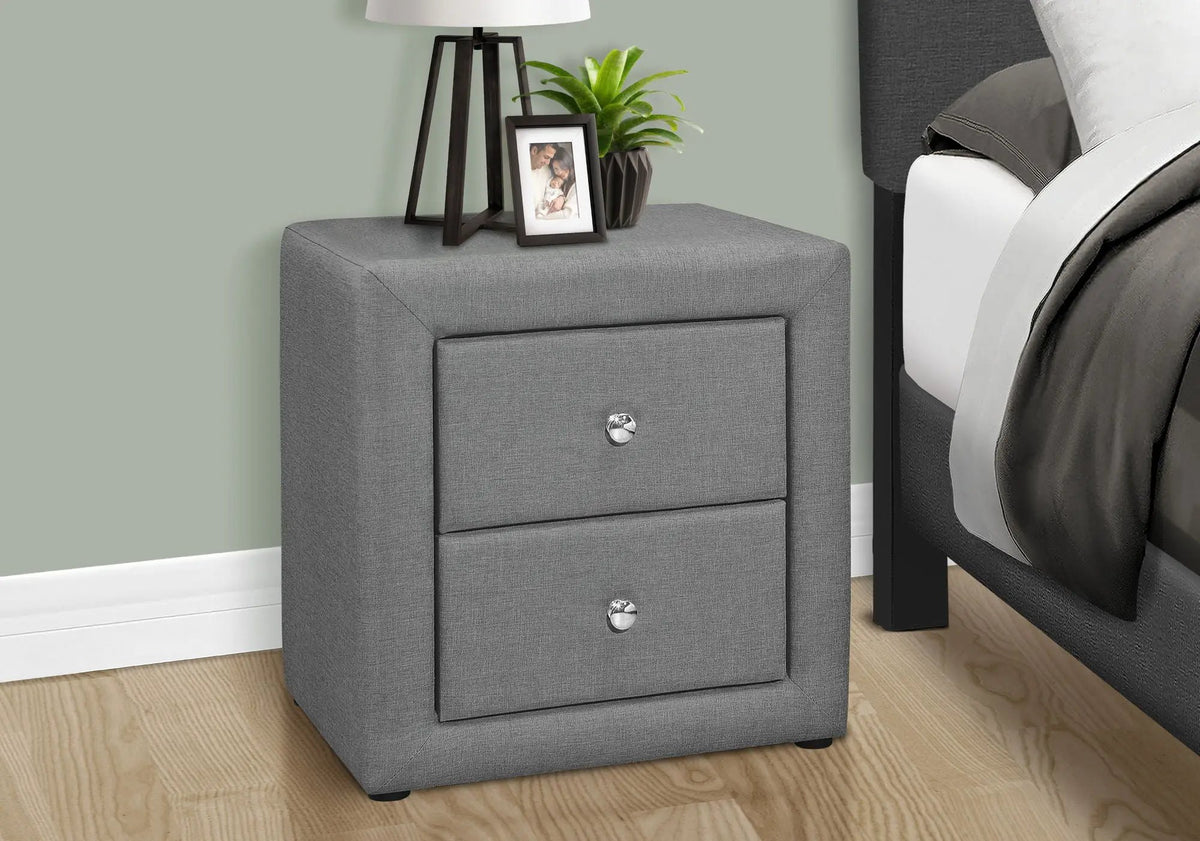 Upholstered Nightstand | Transitional Style | Two Storage Drawers | Metal Drawer Knobs