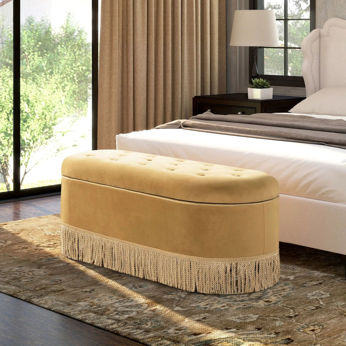 Melinda Oval Storage Bench | Button Tufted Seat | Bullion Fringe | Flip-Top Compartment