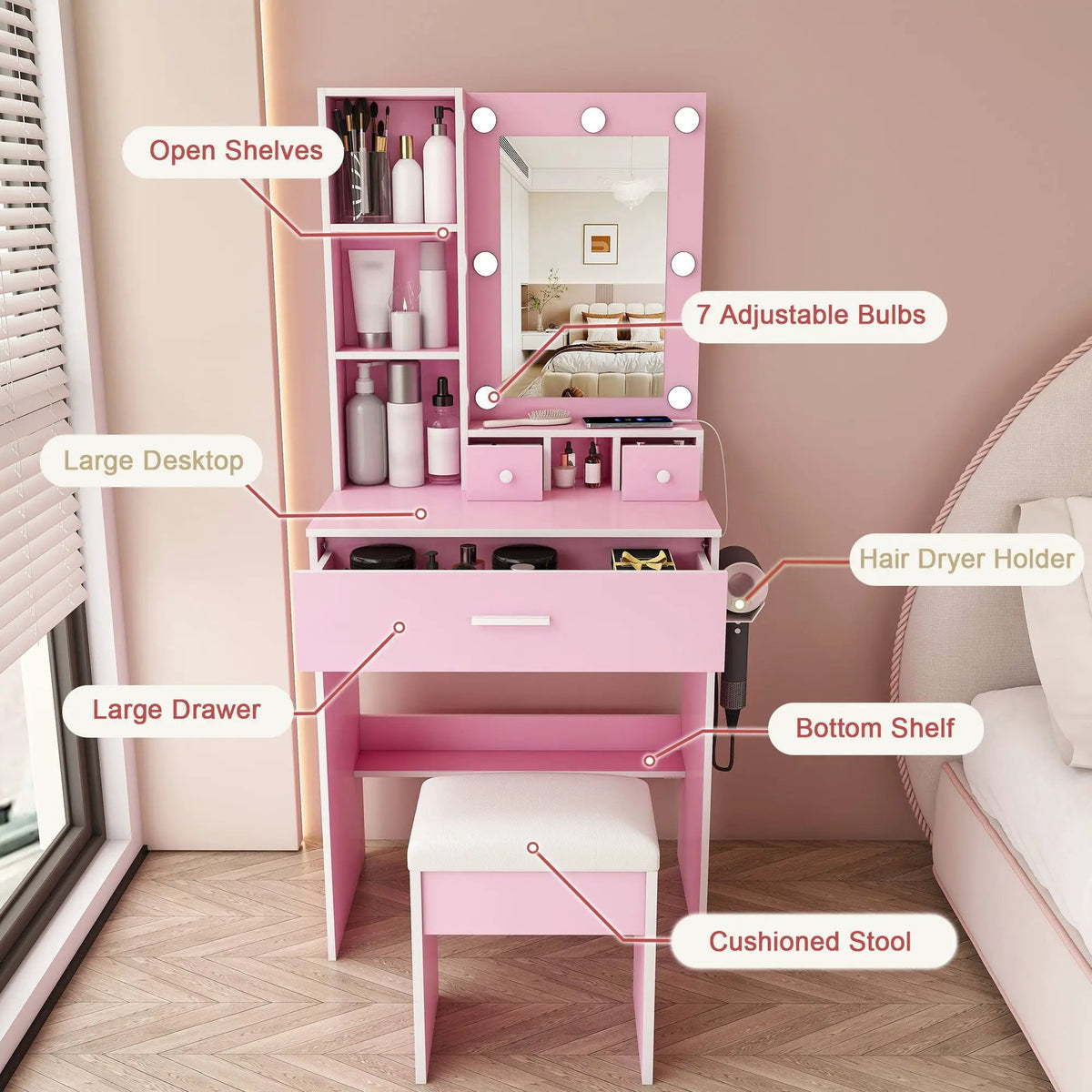 Vanity Table | LED Mirror | Power Outlet | Includes Stool