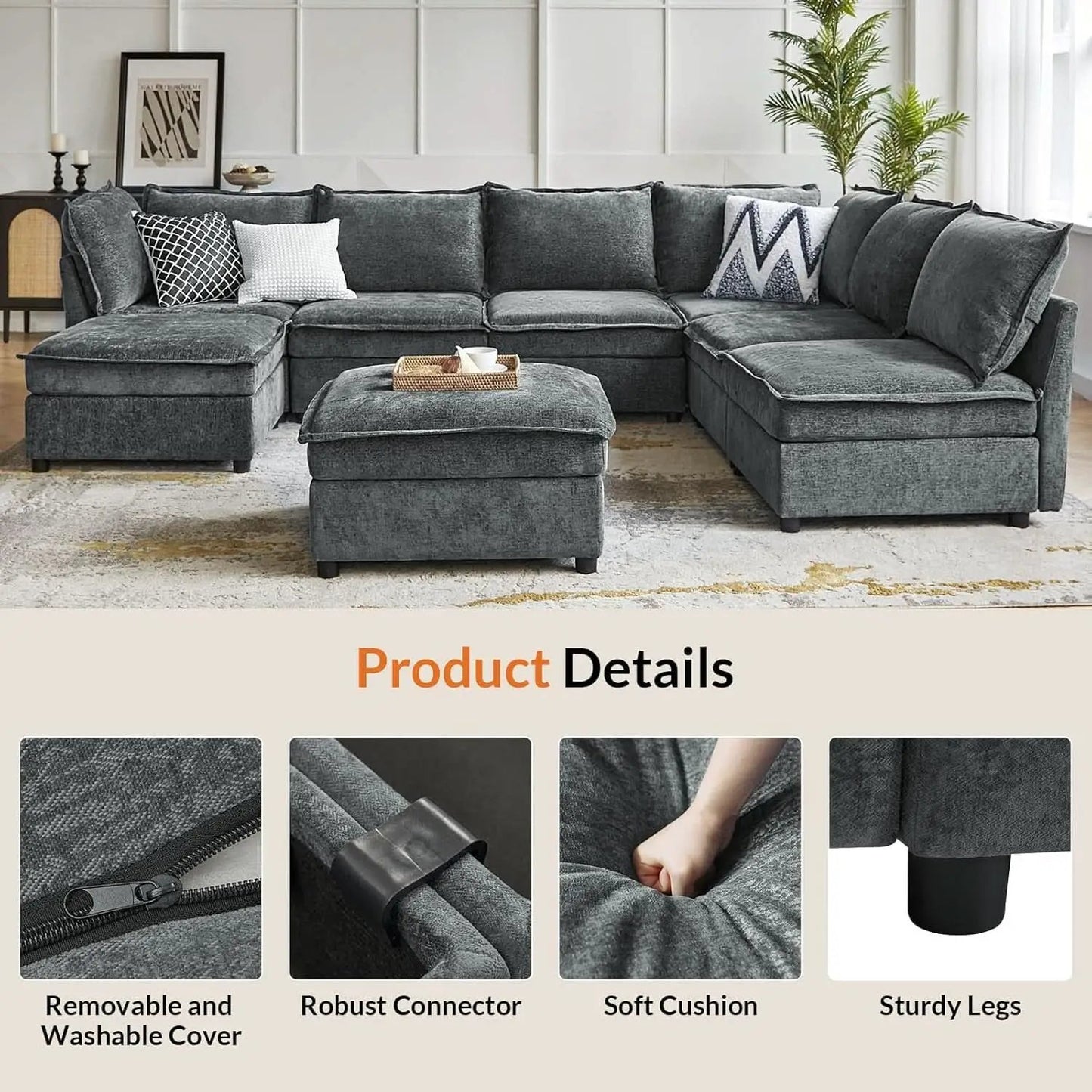 127 Inch Grey Modular Sectional Sofa With Storage Ottoman from PriceLows™