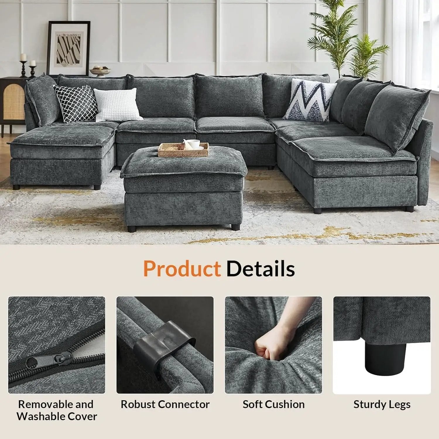 127 Inch Grey Modular Sectional Sofa With Storage Ottoman from PriceLows™