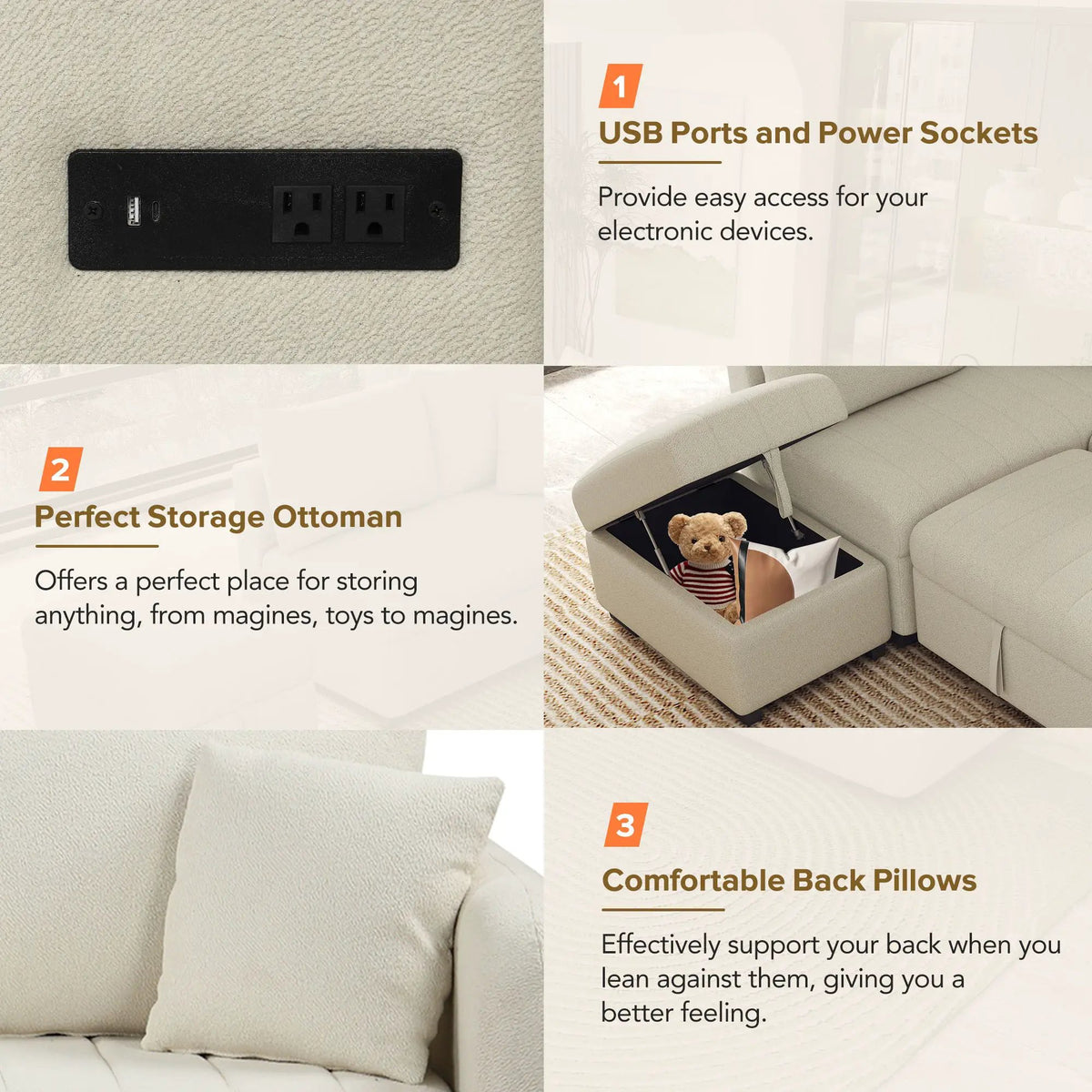 L Shaped Sectional Sofa Bed | USB Ports | Power Sockets | Storage Ottoman