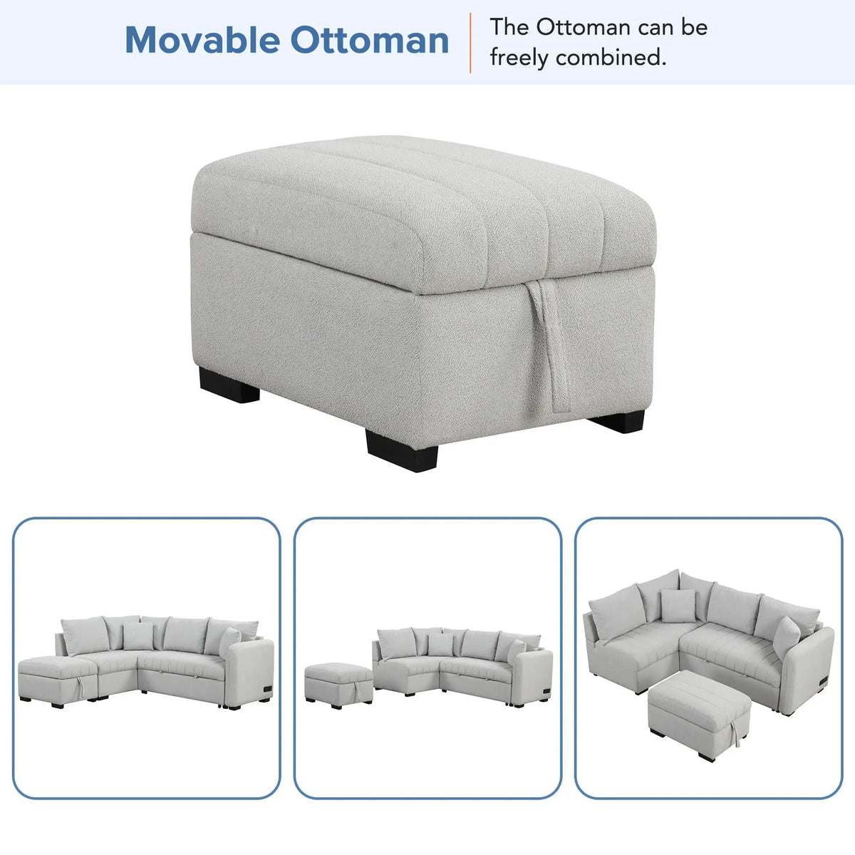 L Shaped Sectional Sofa Bed | USB Ports | Power Sockets | Storage Ottoman