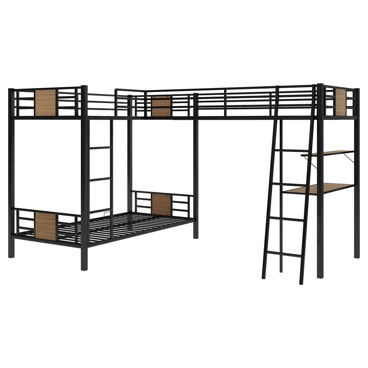 L-Shaped Twin Bunk Bed | Built In Desk | Twin Over Twin | Brown
