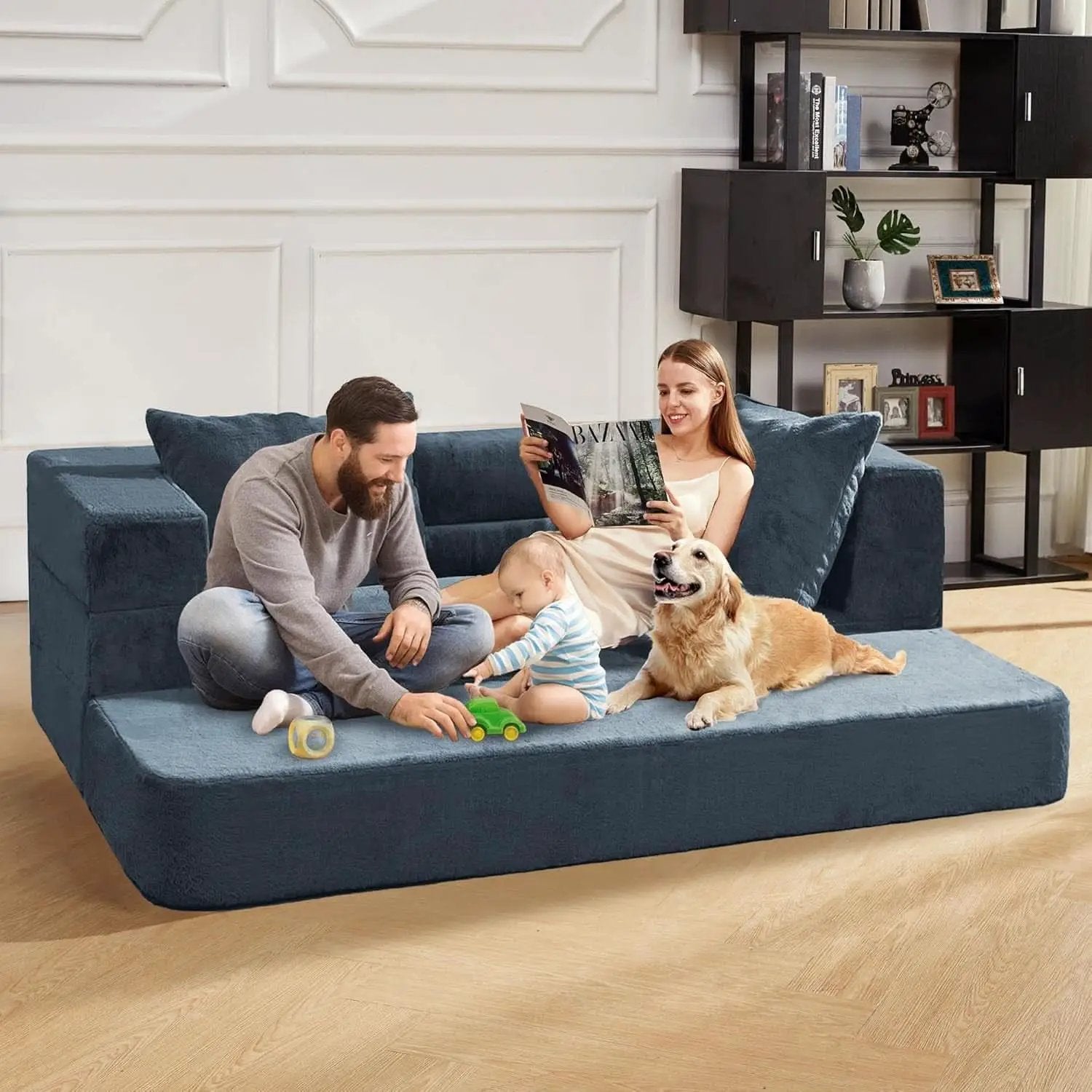 Blue Gray Large 3-In-1 Folding Bean Bag Couch Sofa Bed from PriceLows™