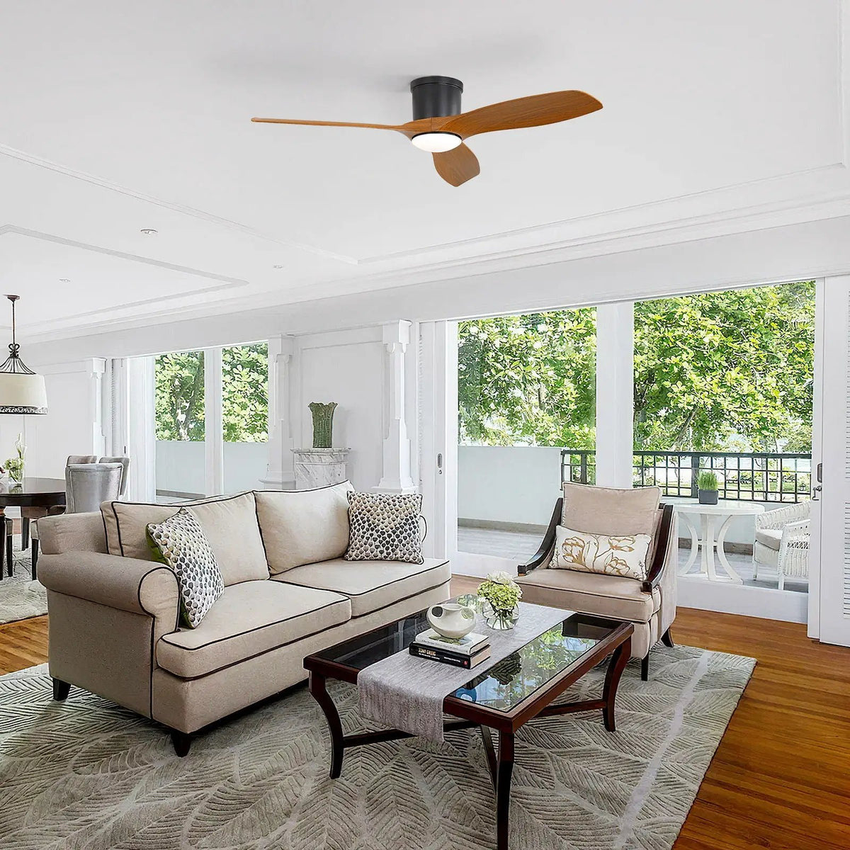 Flush Mount Ceiling Fan | 52 Inch Span | Dimmable LED Light | 3 Blades Reversible DC Motor