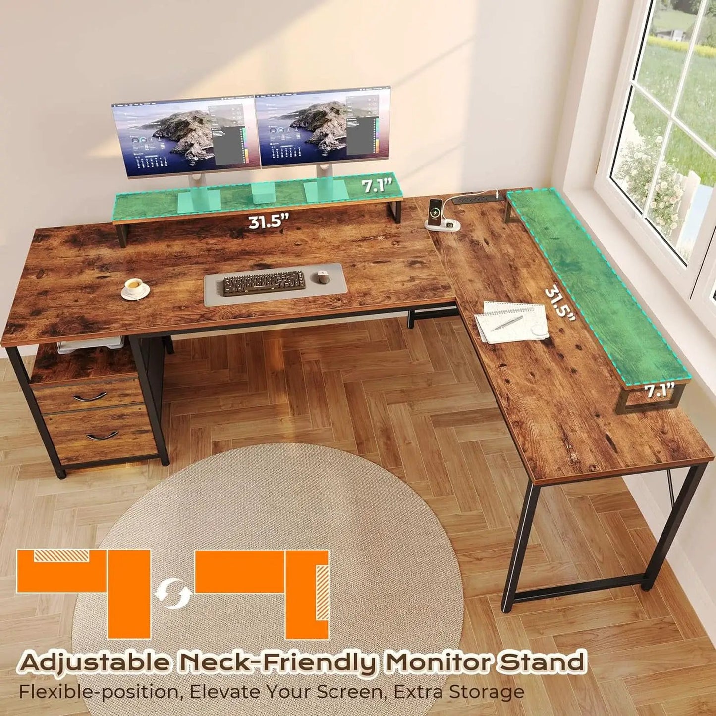 Sixty Three Inch L Shaped Desk USB Port Ergonomic Workspace from PriceLows™