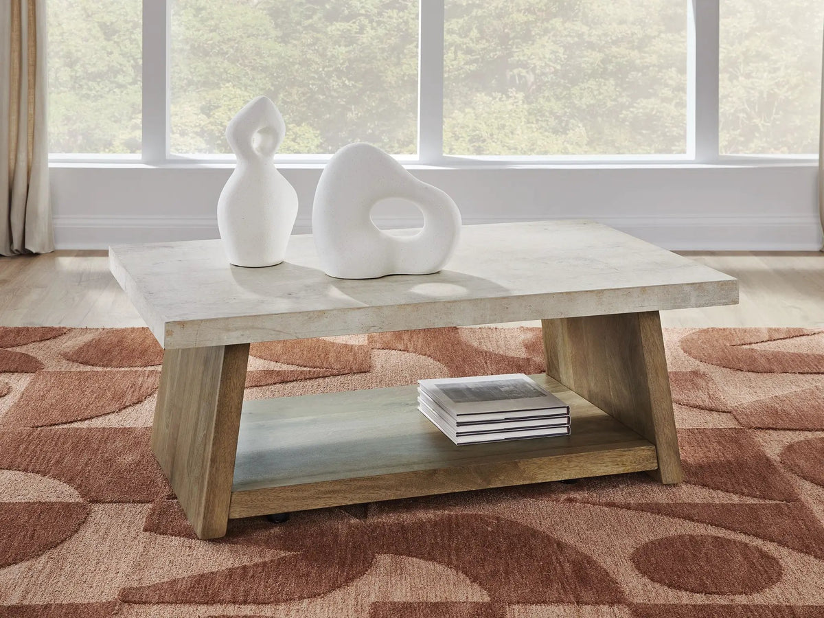 Brendalhouse Rectangular Cocktail Table | Faux Cement Tabletop | Double Plinth Base | Casual Contemporary