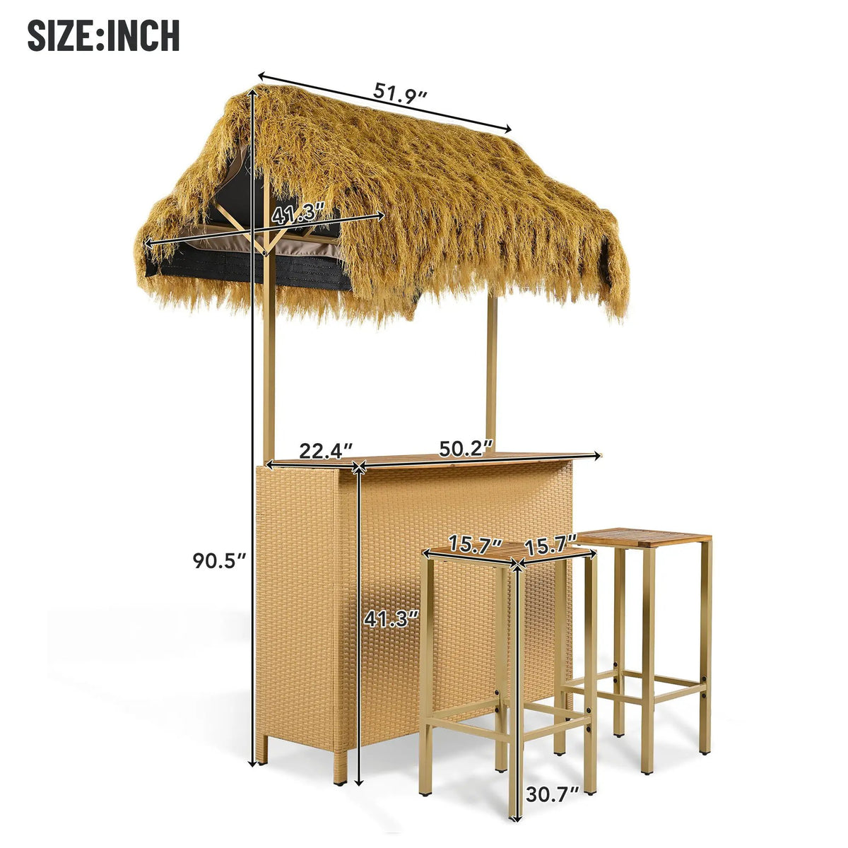 Outdoor Bar Height Patio Set | Acacia Wood Top | Grass Canopy | 5 Piece Natural