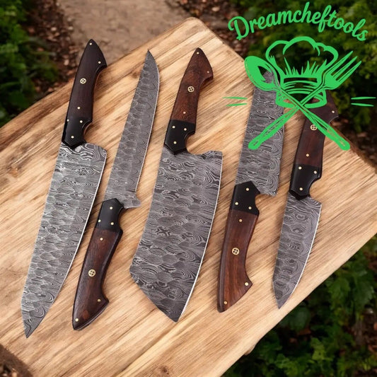 13” Handmade Damascus Steel Chef Knife Rosewood Handle, Resin Bolster & Leather | 8 Inch | Damascus Steel | Kitchen Knives Set