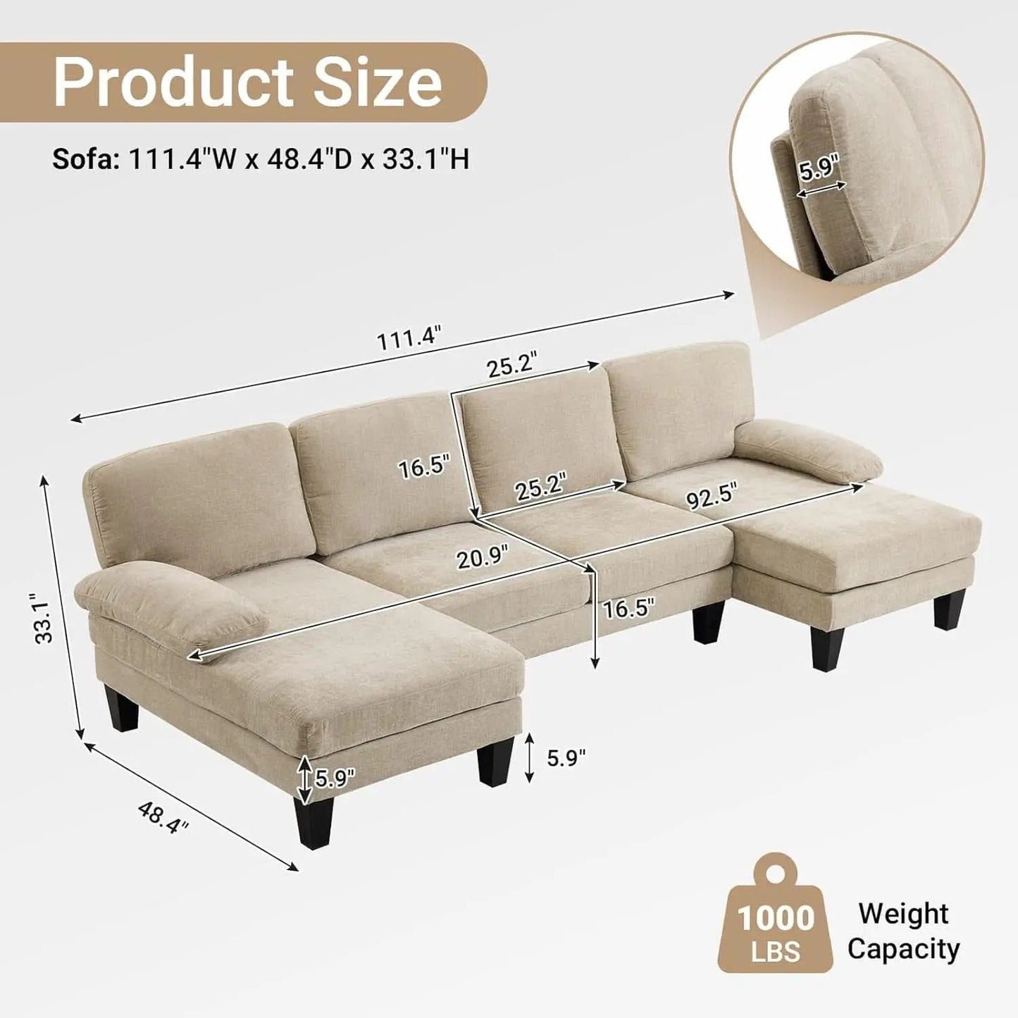 Light Khaki 110 Inch U Shape Sectional Sofa Double Chaise from PriceLows™