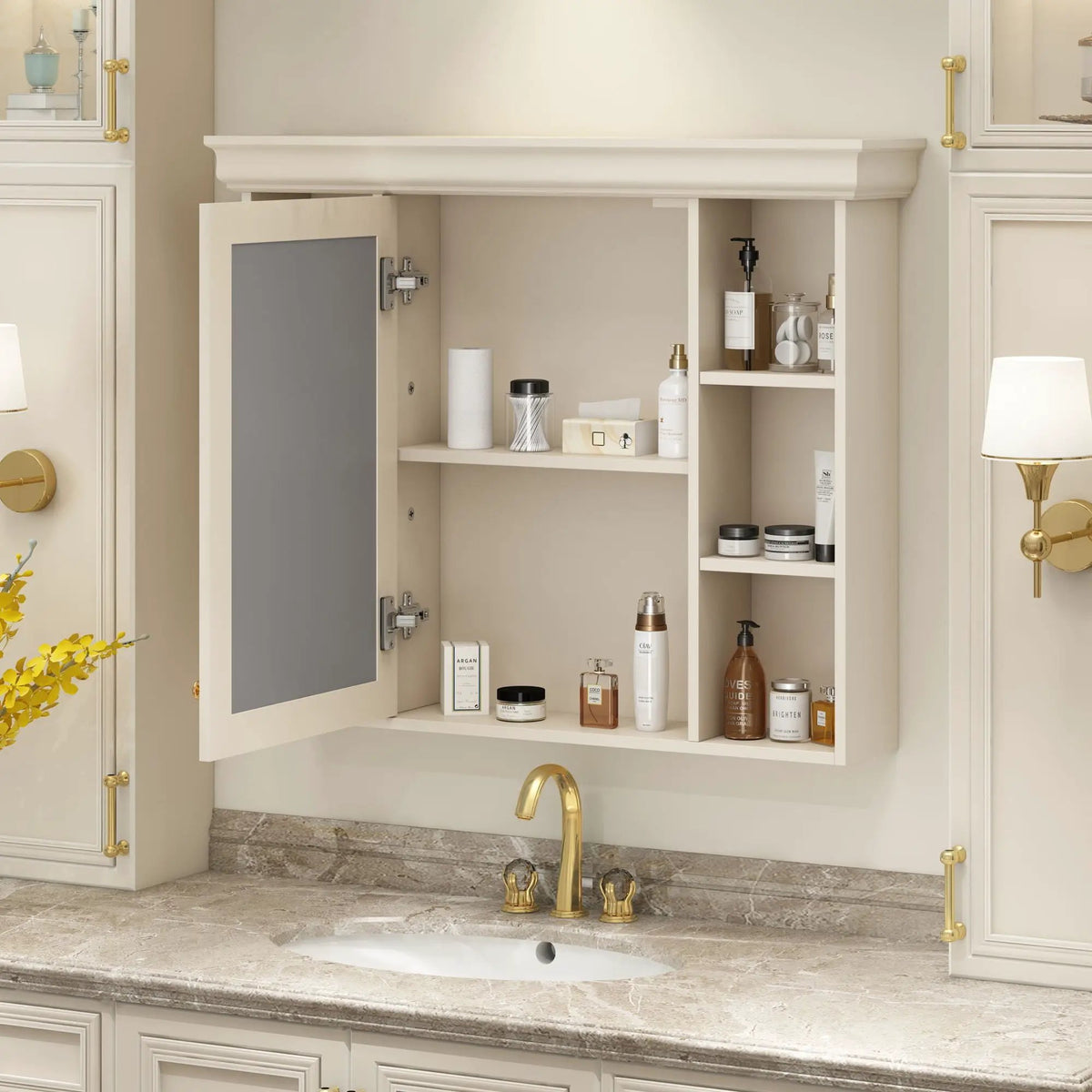 Wall Mounted Bathroom Storage Cabinet | Mirror Door | Silver Metal Handles | Open Shelves