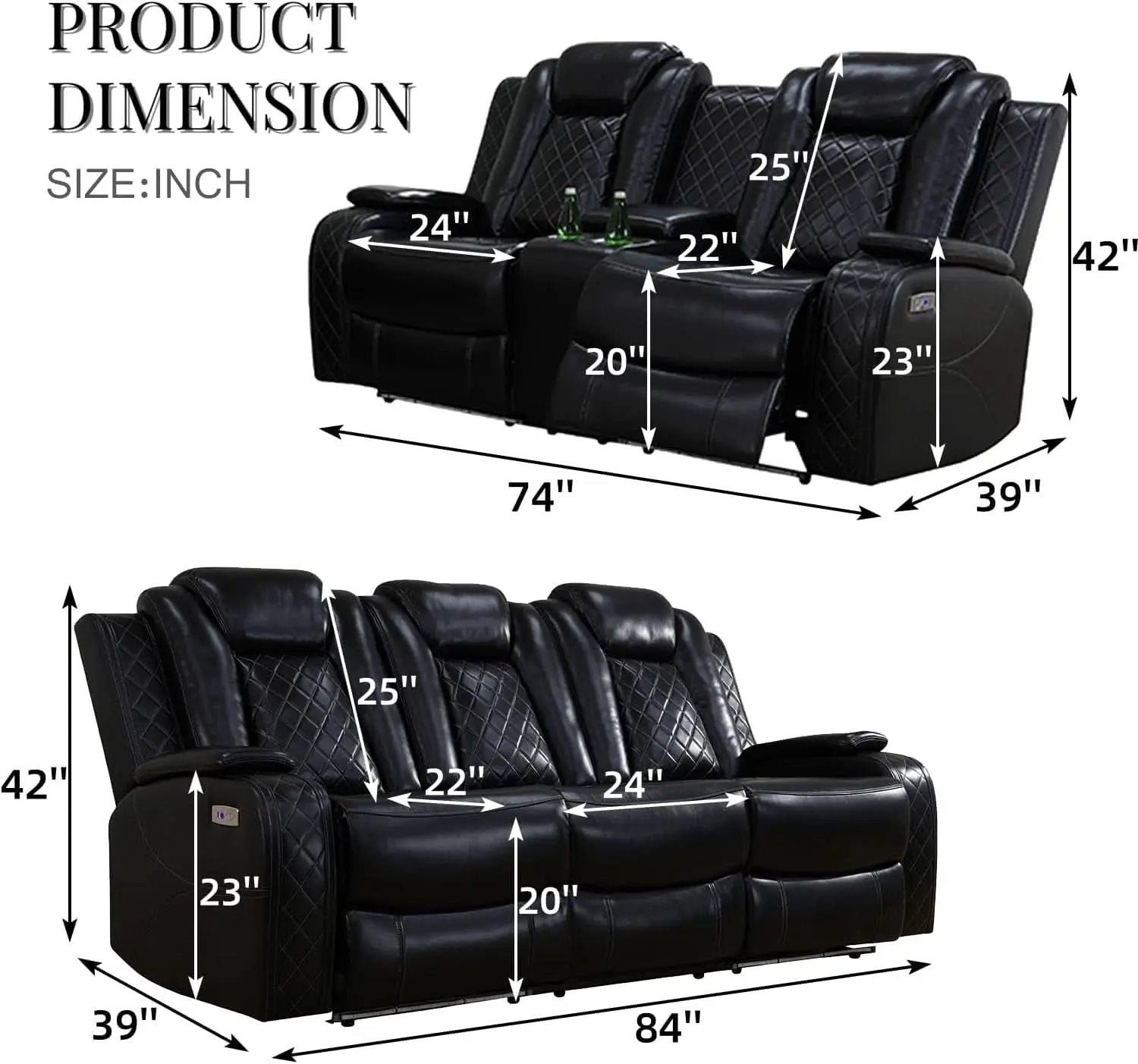 Power Recliner Sofa With LED Lights Black Leather 2 Piece from PriceLows™