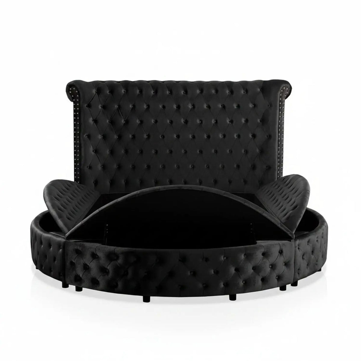 Glam Round Bed | Button Tufted Wingback Headboard | Storage | USB Ports
