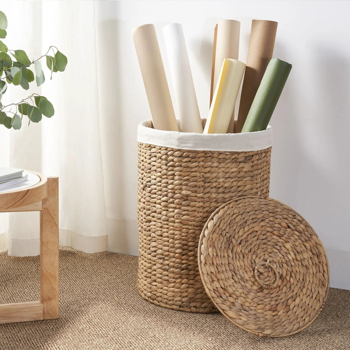 Round Laundry Hamper With Lid | Water Hyacinth Woven Wicker | Tall Storage Basket | 20 Inch Height