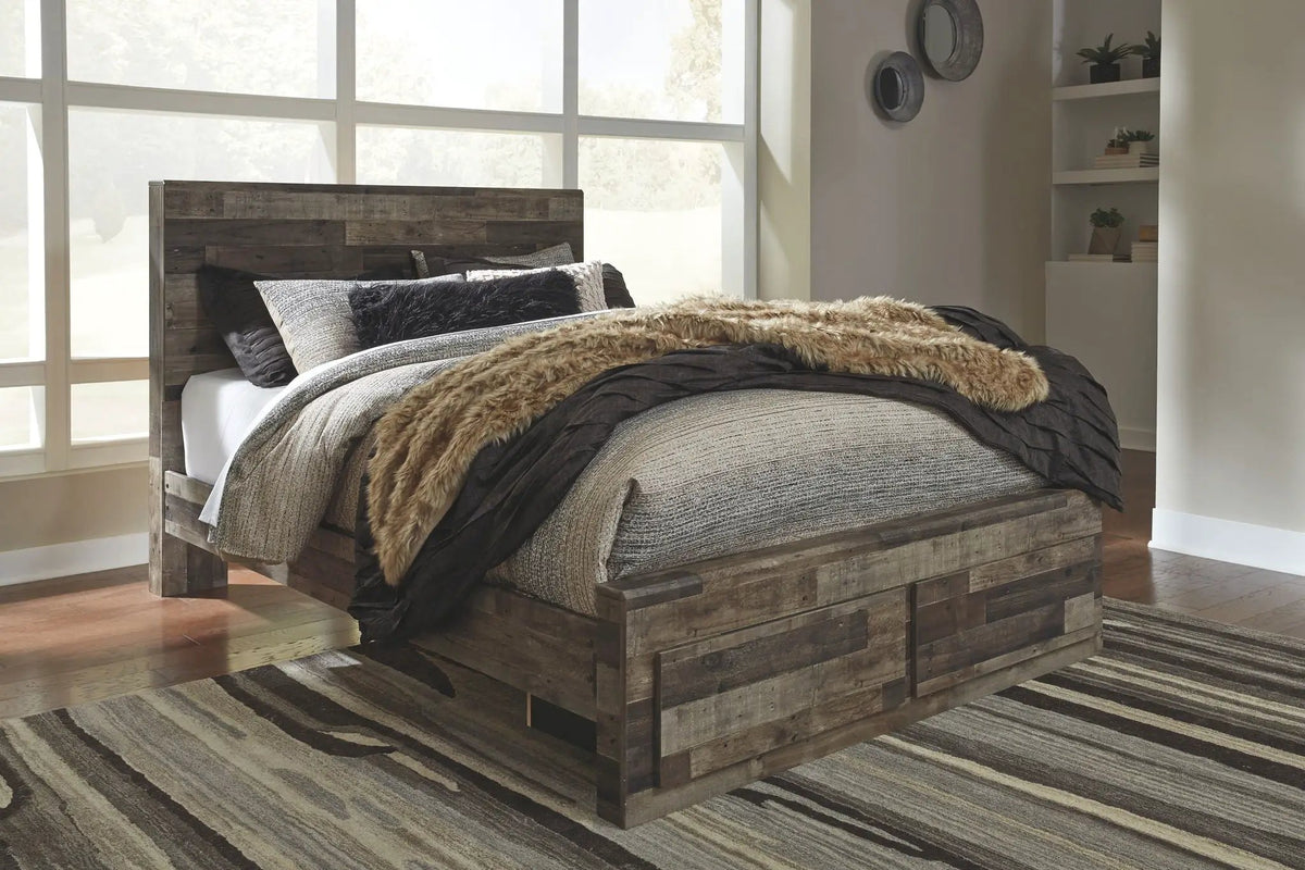 Derekson Panel Bedroom Set | 4-Piece | Rustic Butcher Block Finish | Replicated Pine Grain