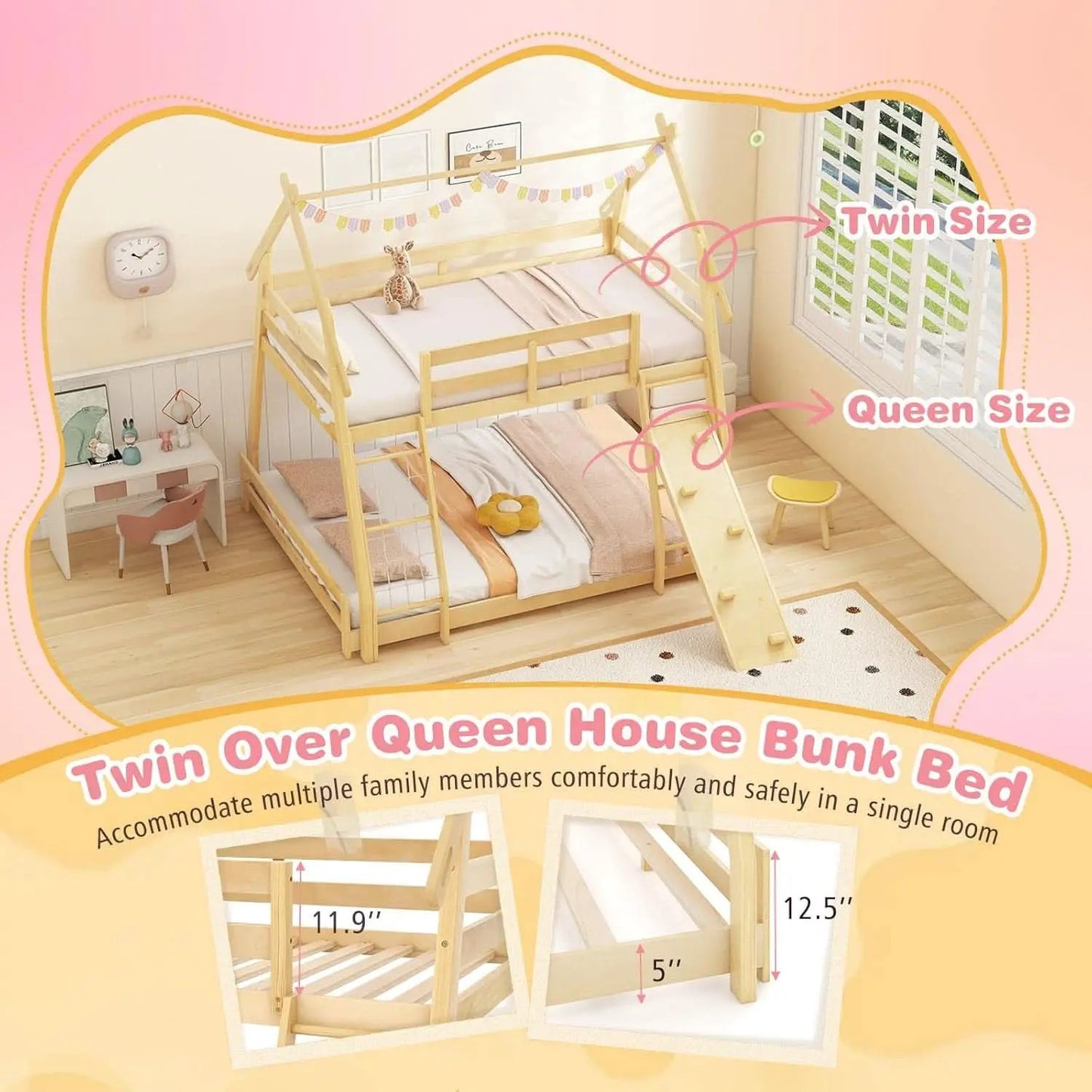 Twin Over Queen Bunk Bed With Climbing Nets Ramp Natural from PriceLows™