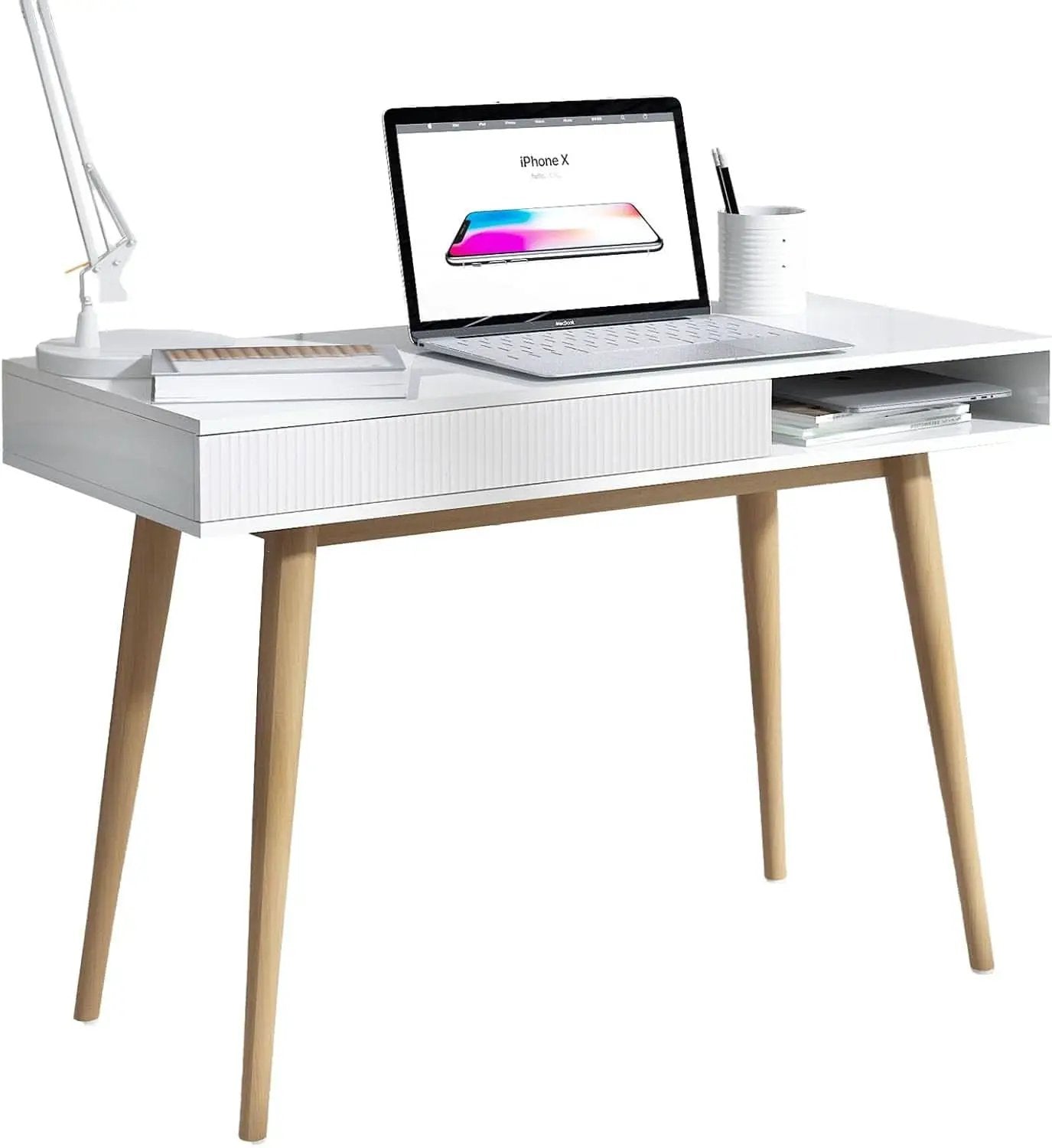 White Mid Century Modern Desk With Hidden Drawer For Home Office from PriceLows™