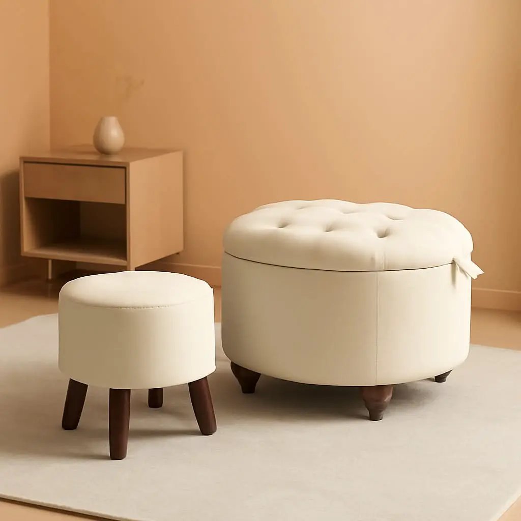 24 Inch Round Beige Storage Ottoman Removable TopWith Storage from PriceLows™