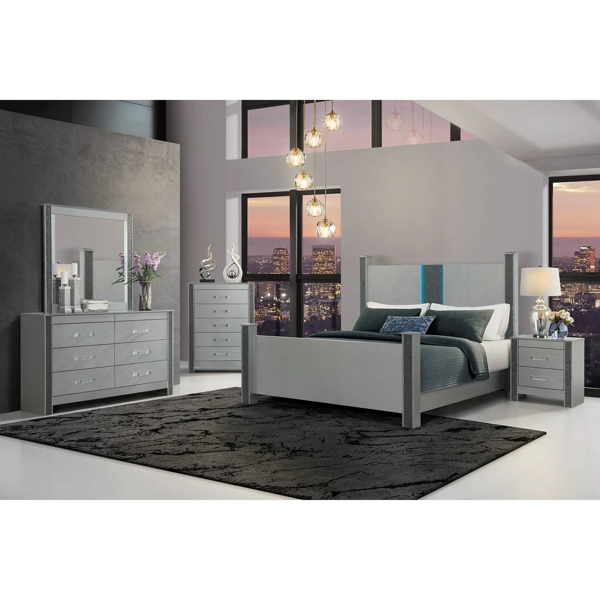 Lorenzo 5-Piece Bedroom Set | Glittered Detailing | Built-In Headboard Speaker | Box Spring Required