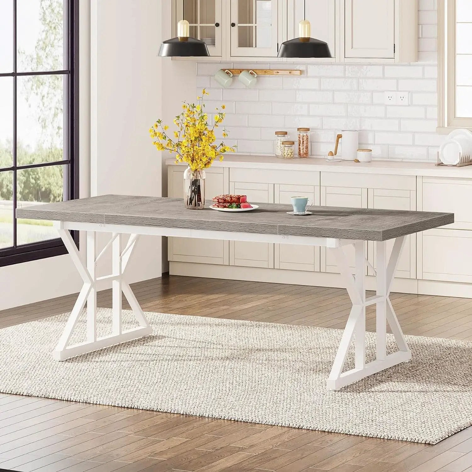 Farmhouse 6 Person Dining Table 70.8 Inch Grey Wood Table from PriceLows™