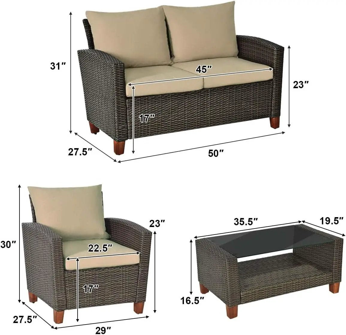 Patio Rattan Furniture Set 4 Piece Beige For Outdoor Use from PriceLows™