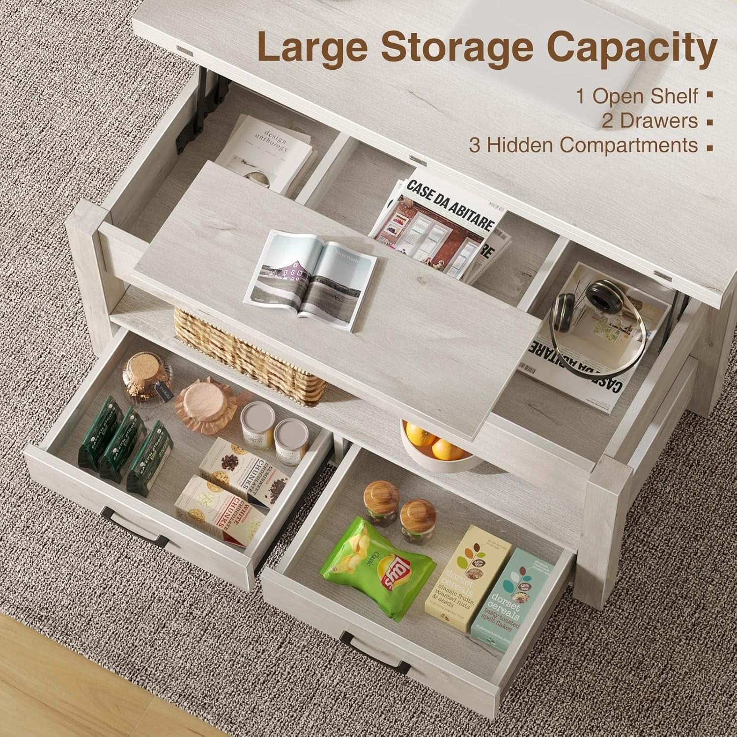 Grey Lift Top Coffee Table With Drawers Hidden Compartment from PriceLows™