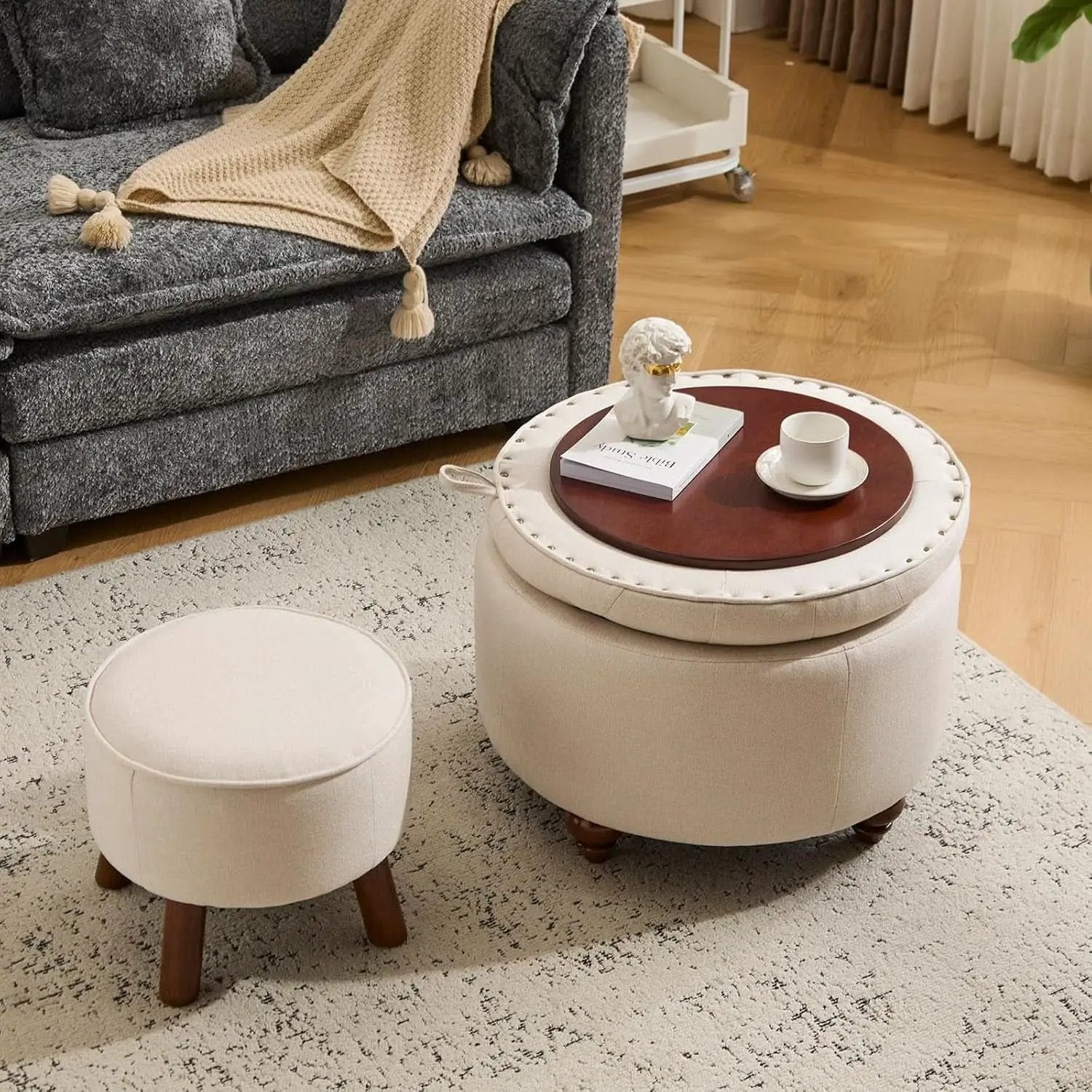 24 Inch Round Khaki Storage Ottoman Removable Top Cover from PriceLows™