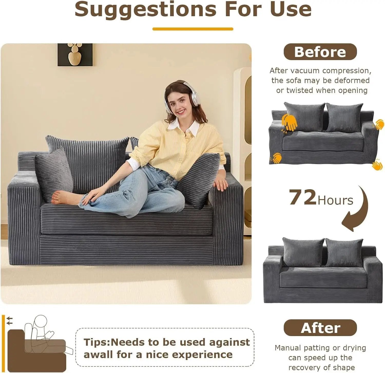 Corduroy Convertible Sofa Bed Three In One BeigeTone Sleeper from PriceLows™