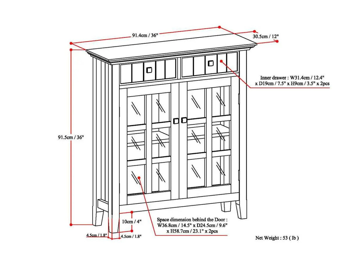 Acadian Entryway Storage Cabinet | Handcrafted Solid Wood | Two Drawers | Tempered Glass Doors