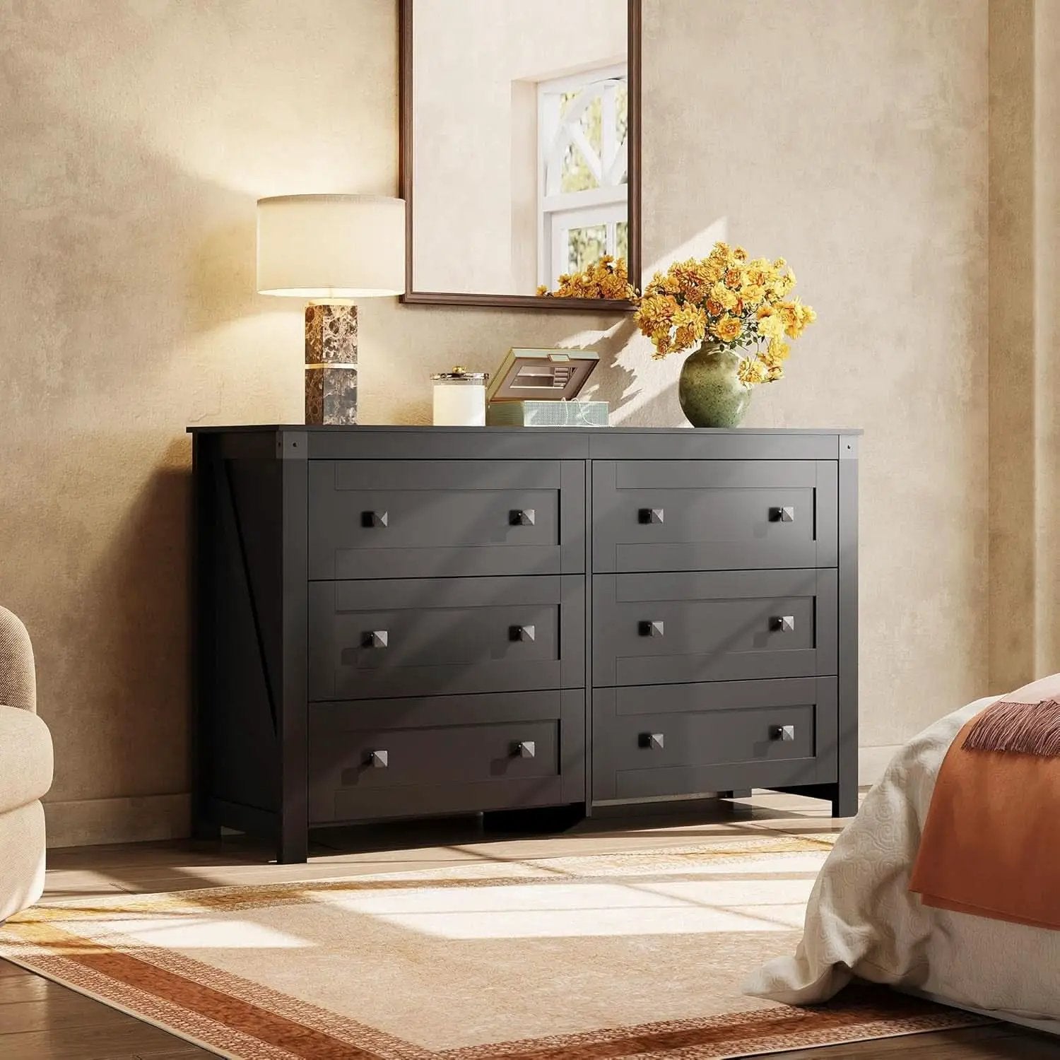 Farmhouse Black 6 Drawer Dresser 53InchWide Storage from PriceLows™