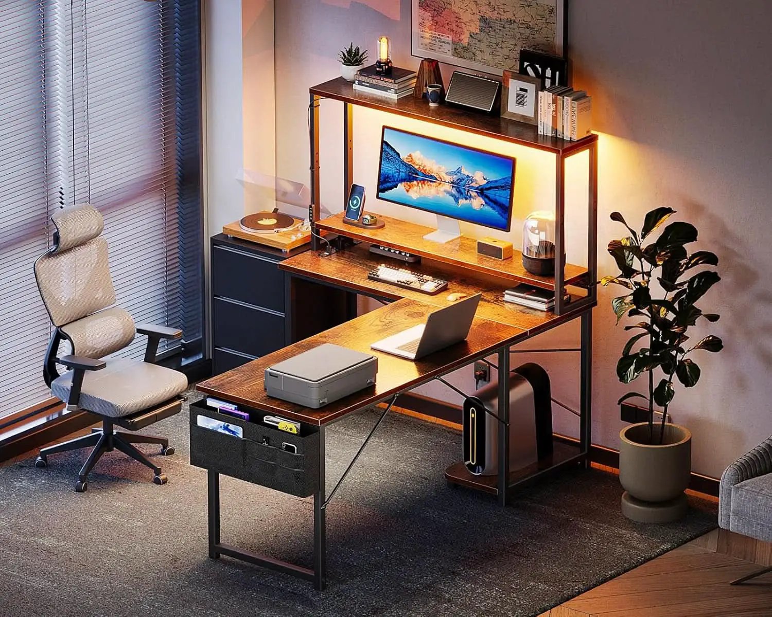 53 Inch L Shaped Desk With LED Lights And Power Outlet from PriceLows™