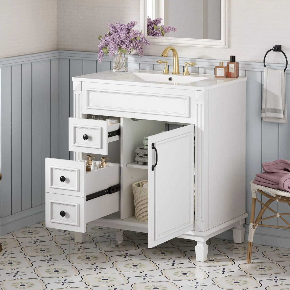 Bathroom Vanity With Sink, Cabinet With 2 Drawers And Adjustable Shelf | 2 Pieces | Solid Wood & Iron | Bathroom