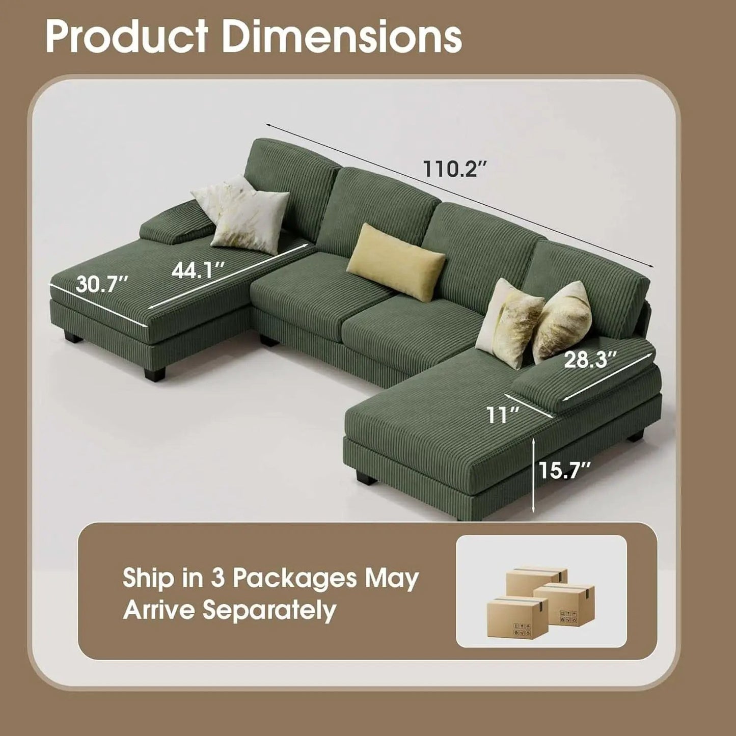 Dark Green Corduroy U Shaped Sectional Sofa 4 Seat Chaise from PriceLows™