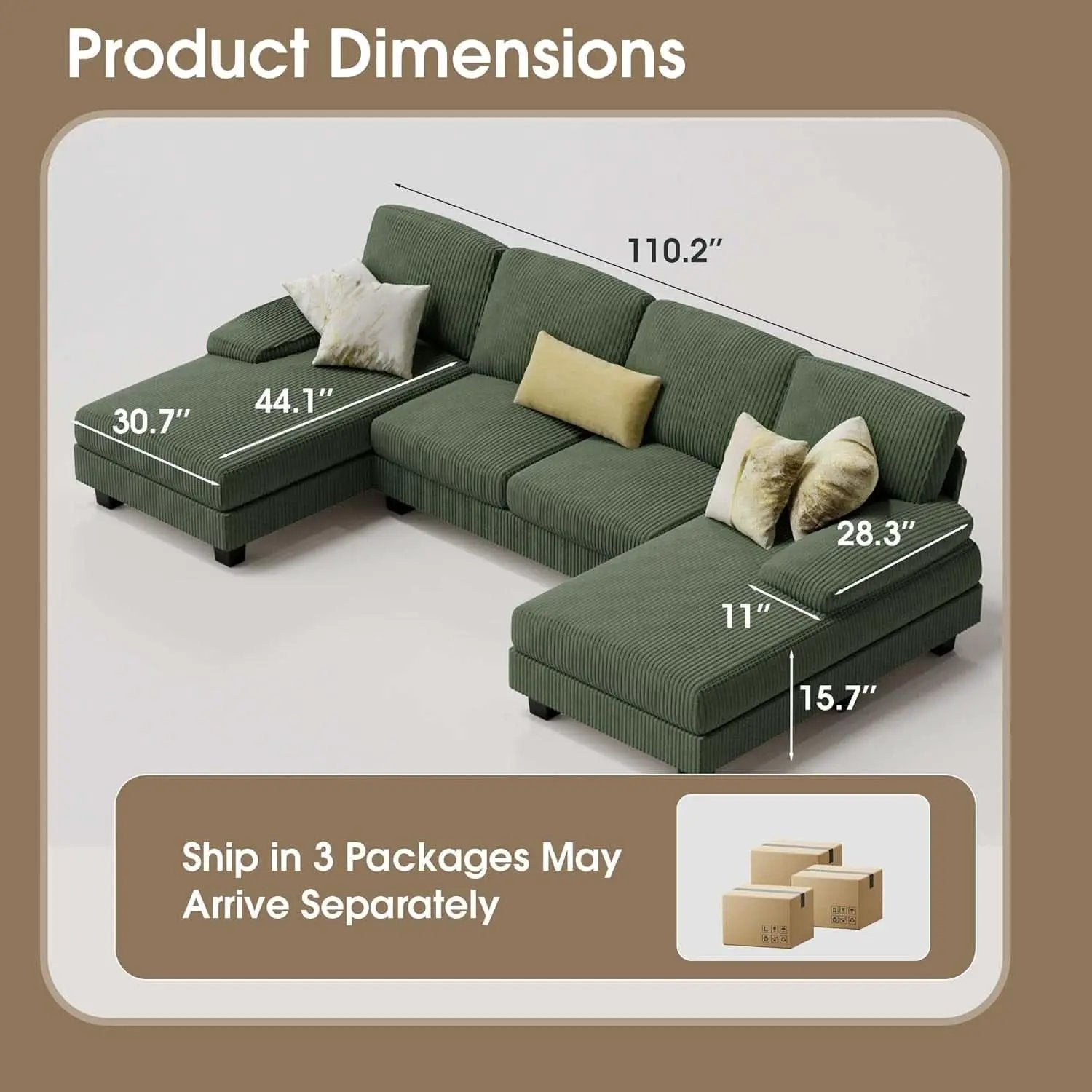 Dark Green Corduroy U Shaped Sectional Sofa 4 Seat Chaise from PriceLows™